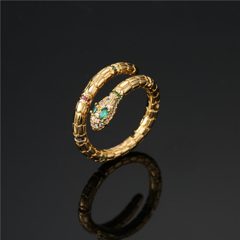 Golden Serpent Ring: Adjustable, Shiny CZ, Wedding Gift.